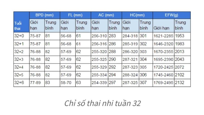 chỉ số thai nhi 32 tuần